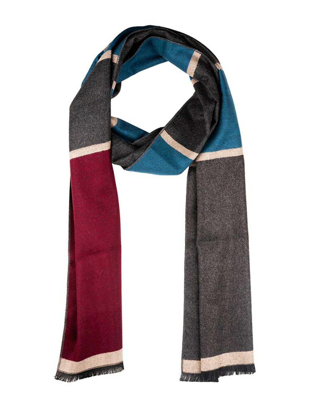 Men’s Colourblocked Woolen Scarf with Frayed Border – Maroon, Blue & Grey | Indiaista