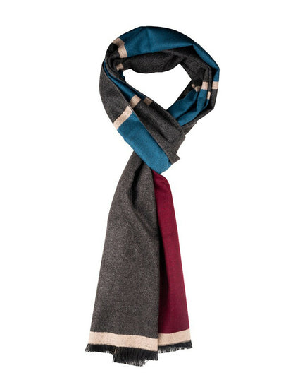 Men’s Colourblocked Woolen Scarf with Frayed Border – Maroon, Blue & Grey | Indiaista