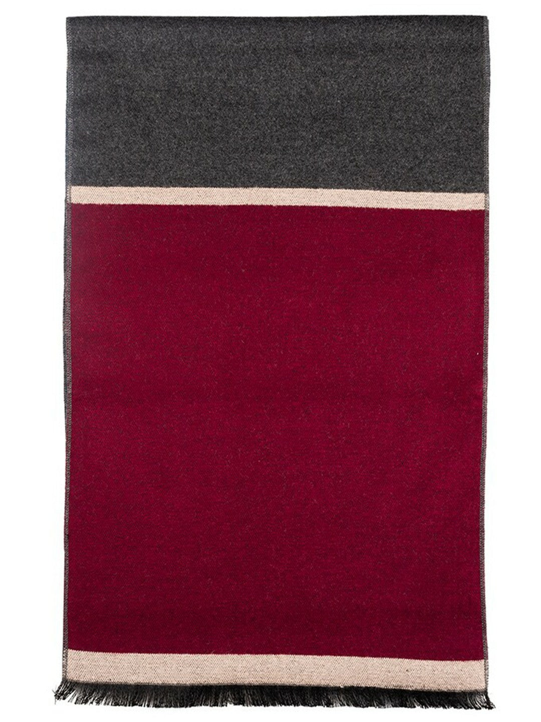 Men’s Colourblocked Woolen Scarf with Frayed Border – Maroon, Blue & Grey | Indiaista