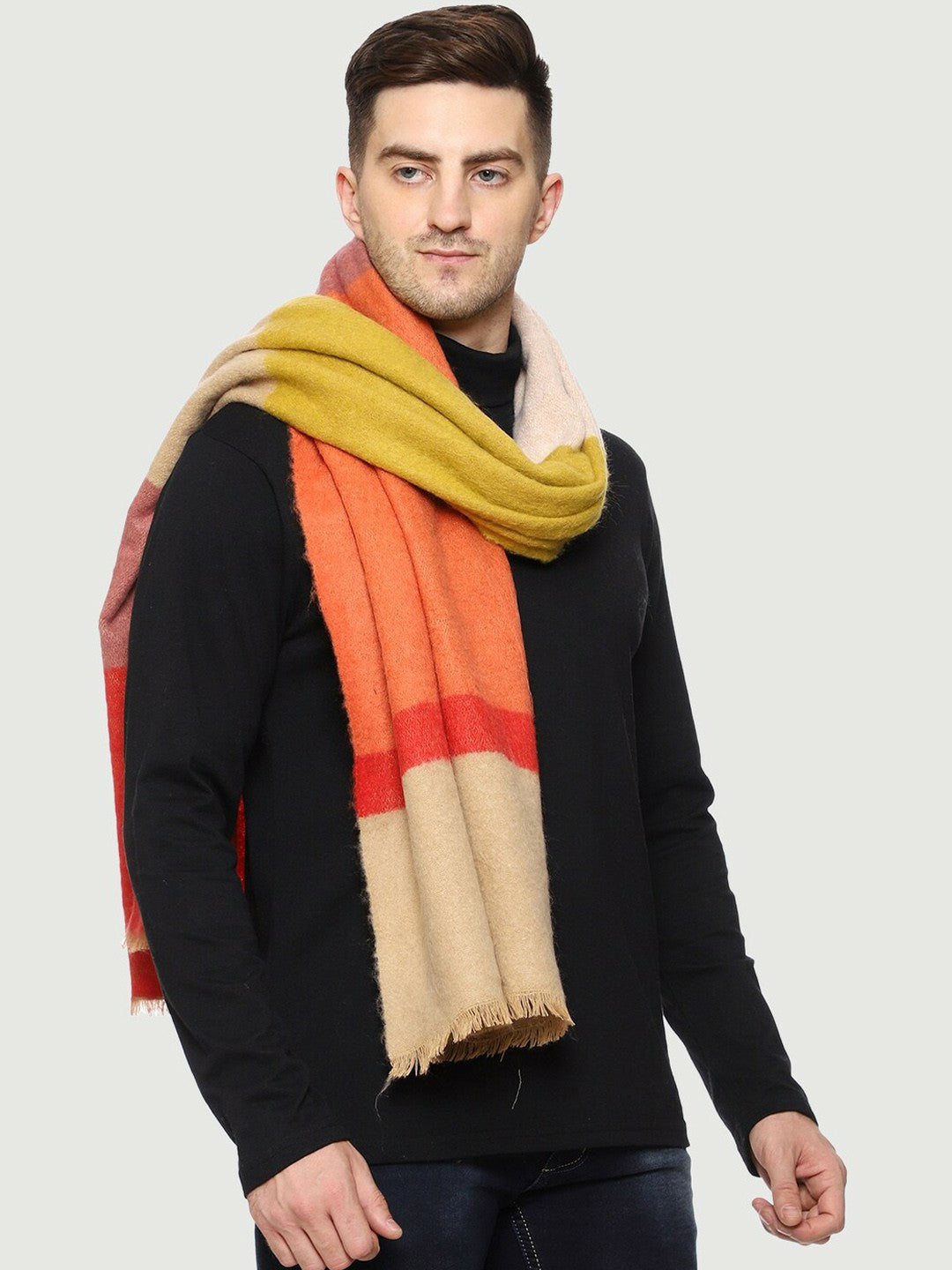 Men’s Colourblocked Wool Muffler – Beige, Red & Purple | Stylish & Warm