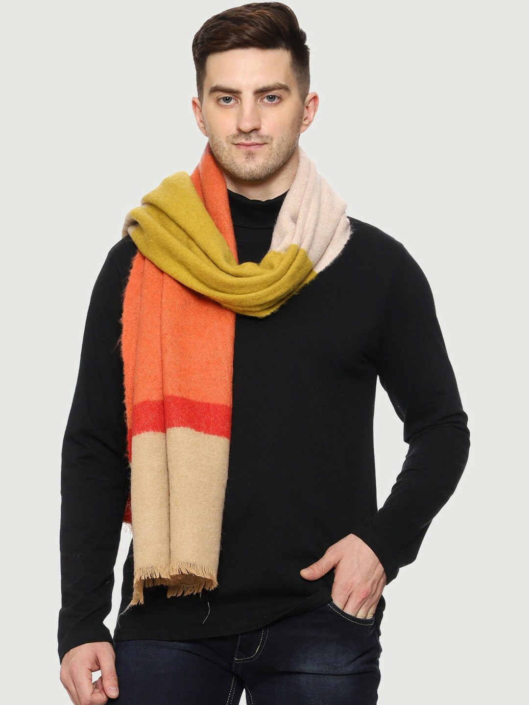 Men’s Colourblocked Wool Muffler – Beige, Red & Purple | Stylish & Warm