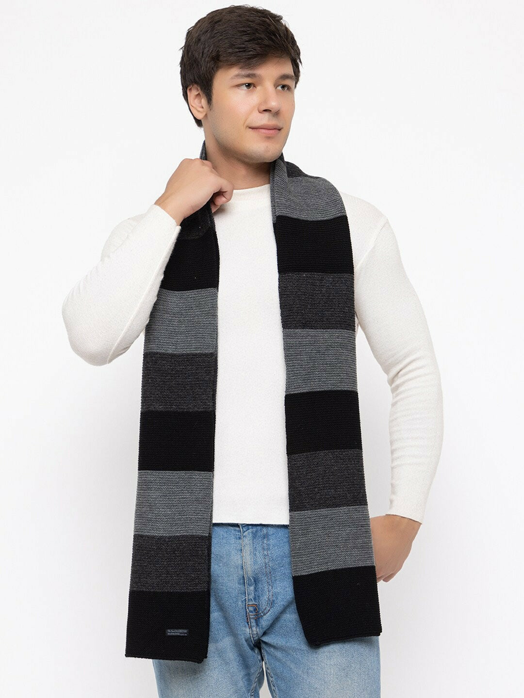 Striped Acrylic Lightweight Muffler – Soft Knitted Black & Grey Muffler for Men | Indiaista