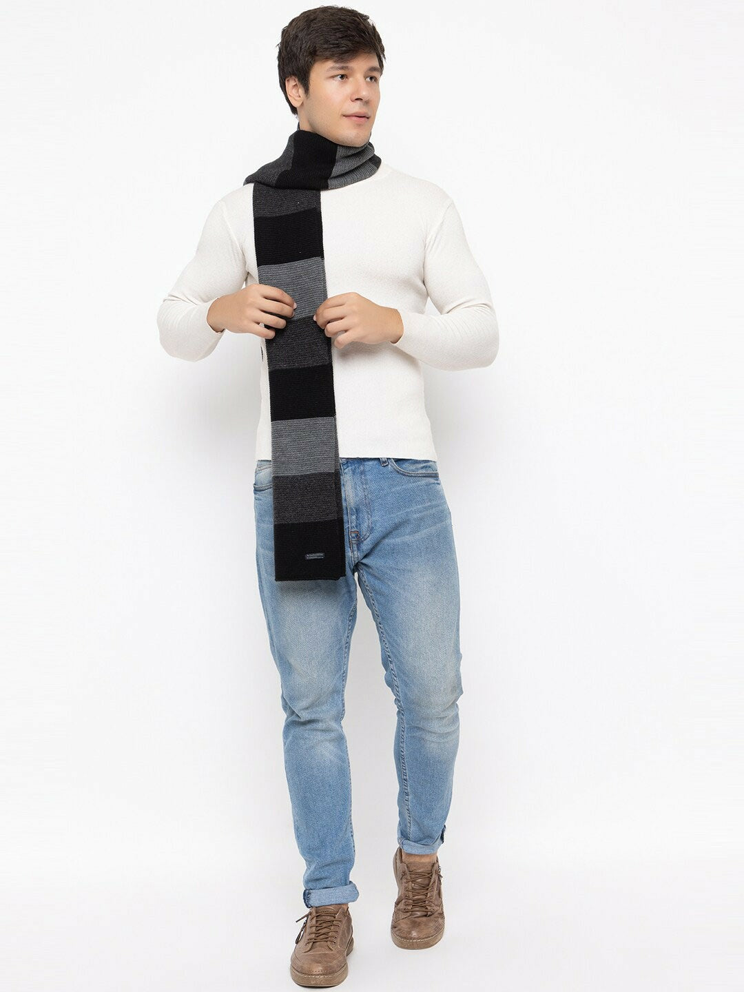 Striped Acrylic Lightweight Muffler – Soft Knitted Black & Grey Muffler for Men | Indiaista