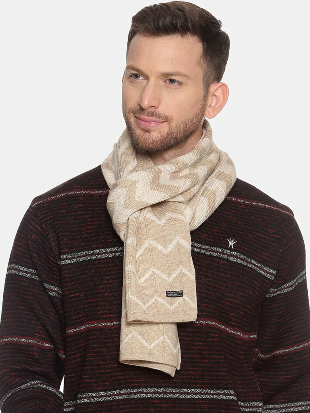 Men’s Beige Chevron Patterned Knitted Muffler – Stylish & Warm | Indiaista