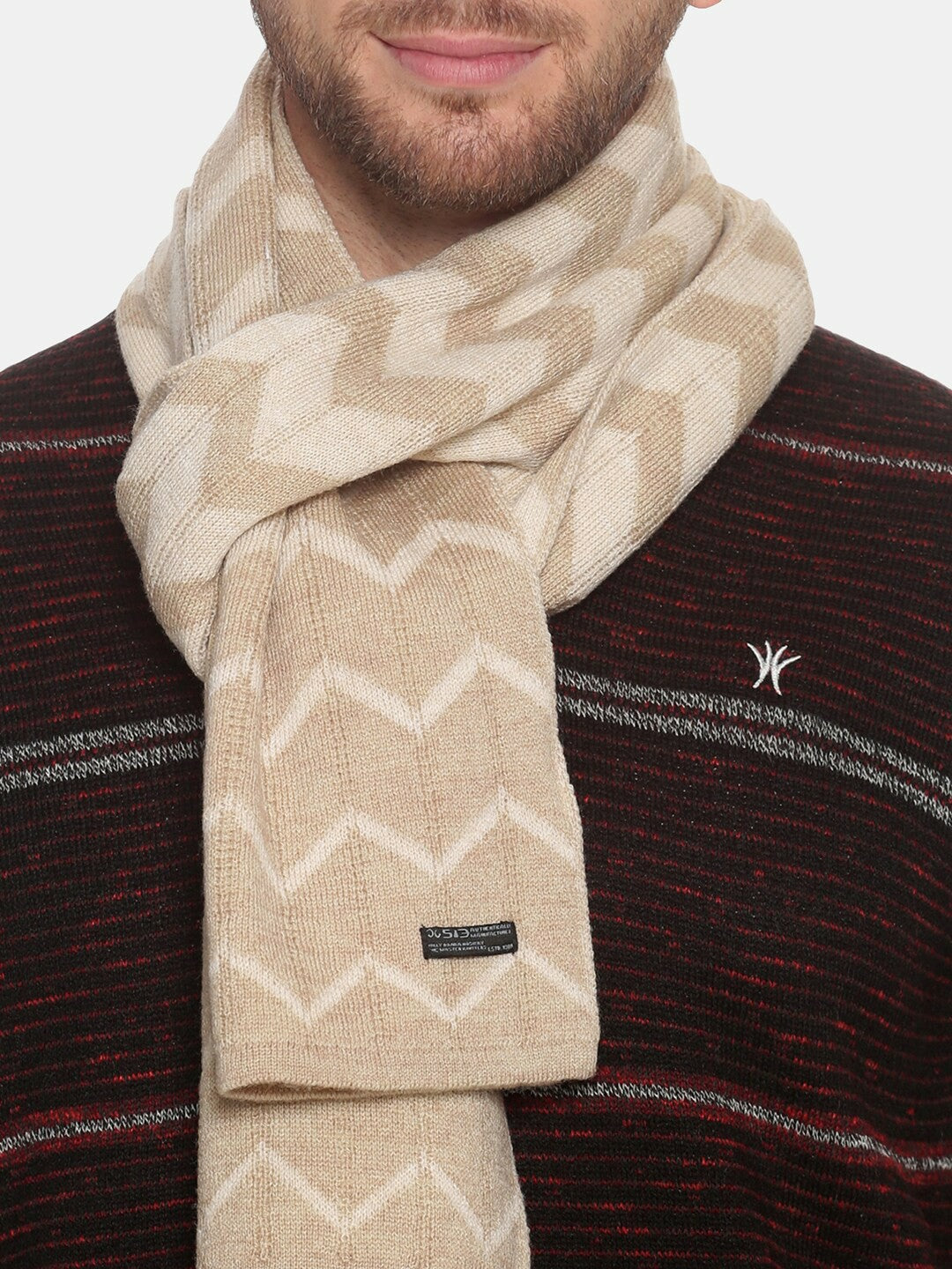 Men’s Beige Chevron Patterned Knitted Muffler – Stylish & Warm | Indiaista