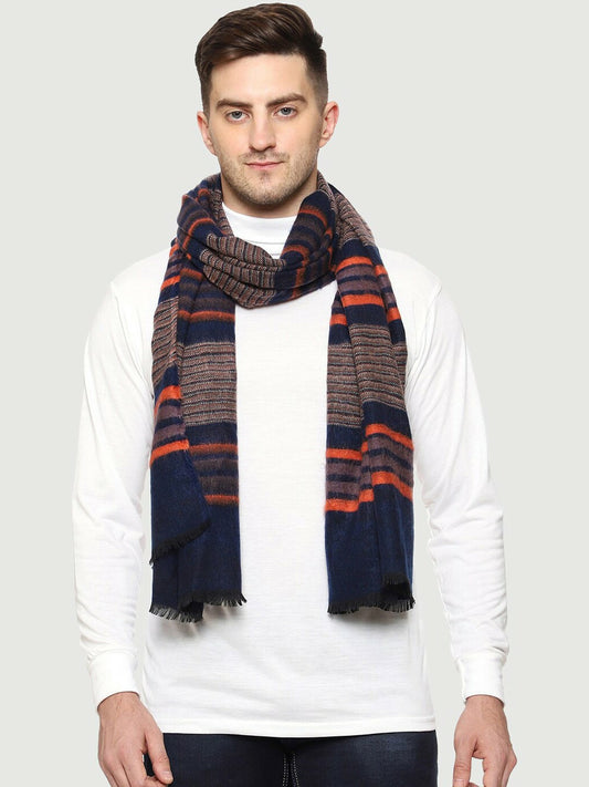 Navy Blue & Orange Striped Wool Muffler for Men – Stylish & Warm | Indiaista