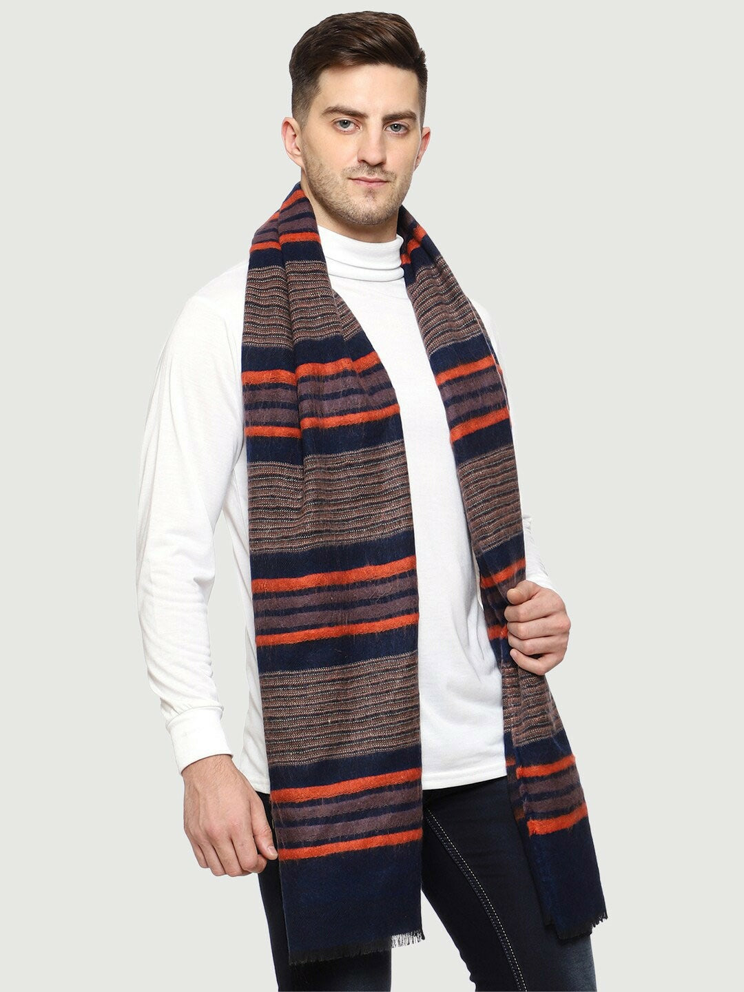 Navy Blue & Orange Striped Wool Muffler for Men – Stylish & Warm | Indiaista