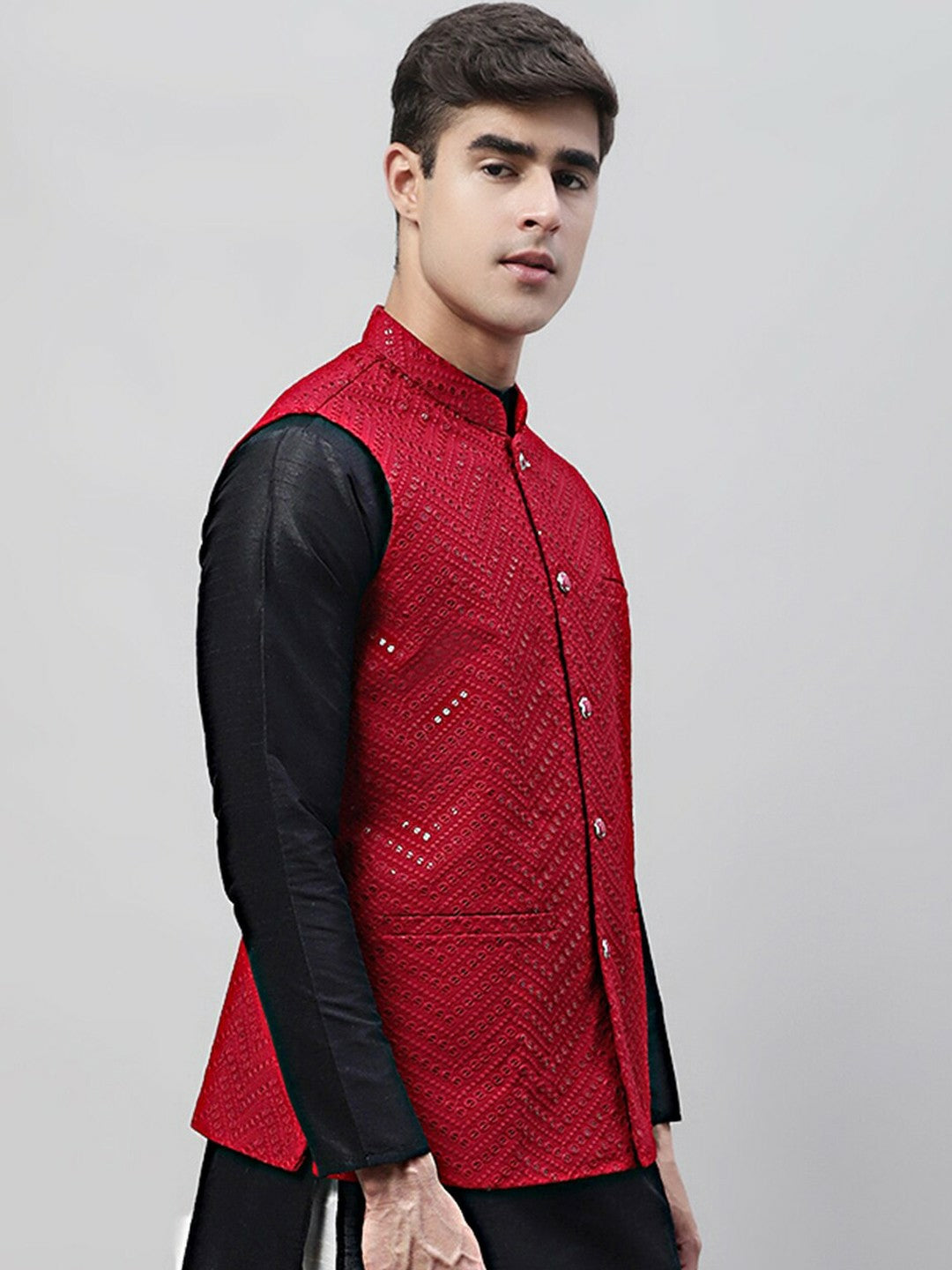 Buy Maroon Embroidered Nehru Jacket for Men | Mandarin Collar & Sequins | Indiaista