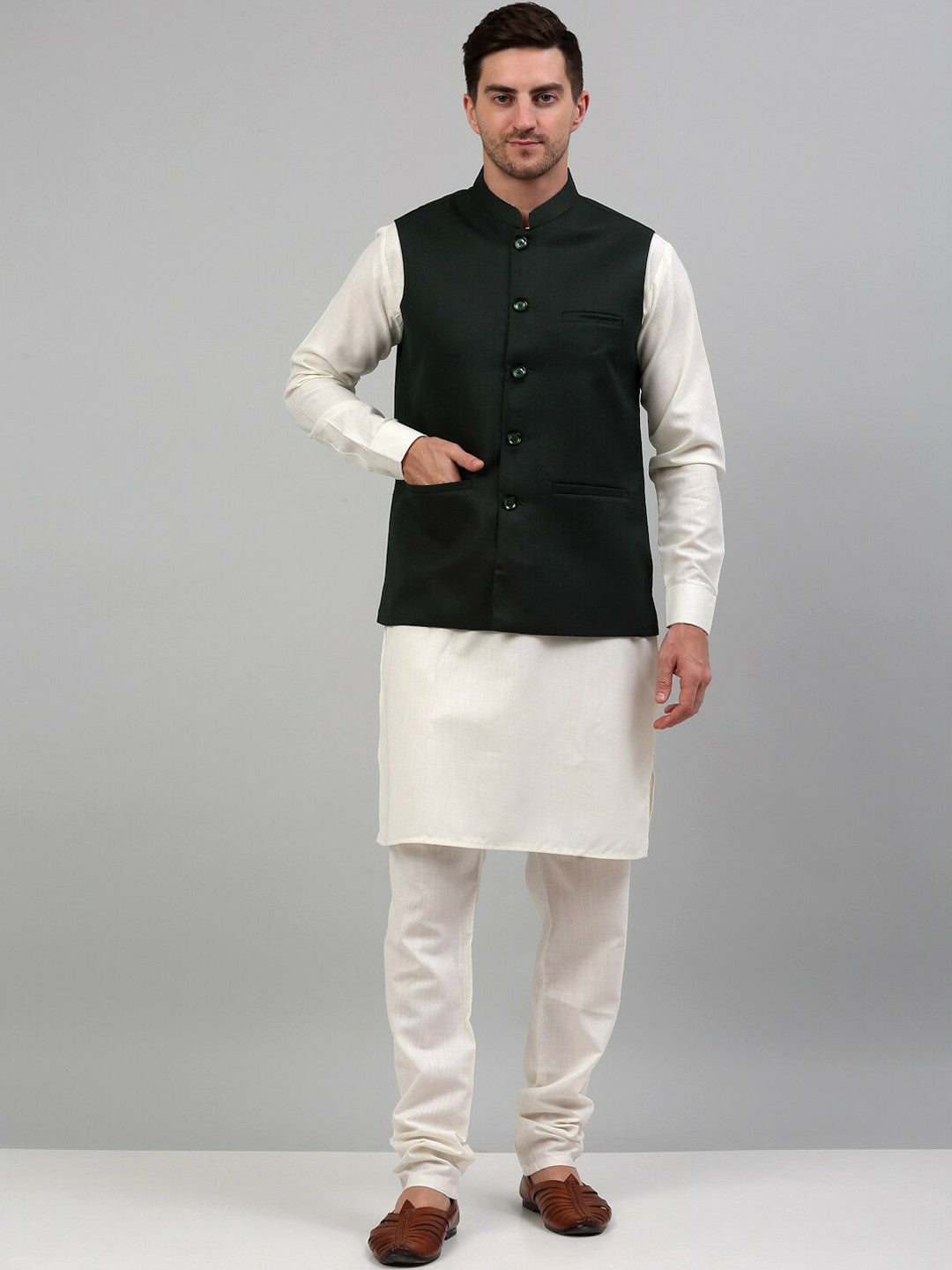 Buy Olive Green Silk Cotton Nehru Jacket for Men – Stylish & Elegant | Indiaista