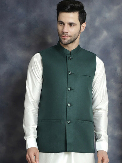 Buy Olive Green Solid Nehru Jacket for Men – Stylish Mandarin Collar Sleeveless Jacket | Indiaista