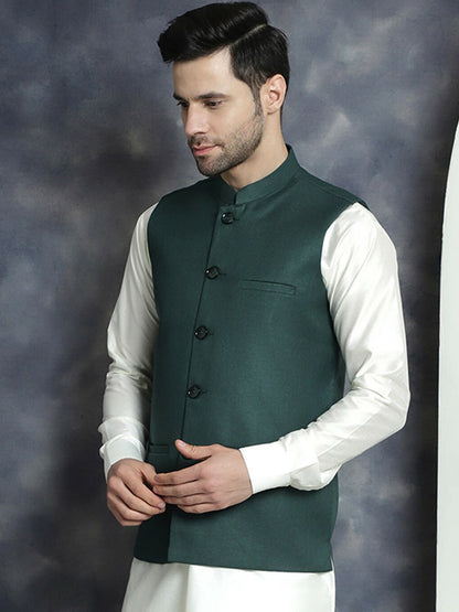 Buy Olive Green Solid Nehru Jacket for Men – Stylish Mandarin Collar Sleeveless Jacket | Indiaista