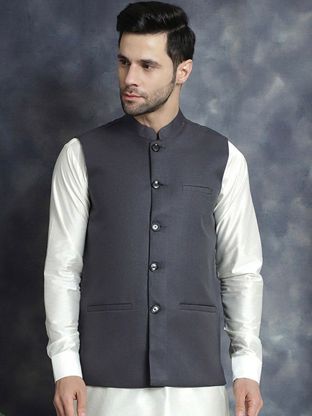 Buy Charcoal Woven Solid Nehru Jacket for Men | Mandarin Collar, Sleeveless – Indiaista