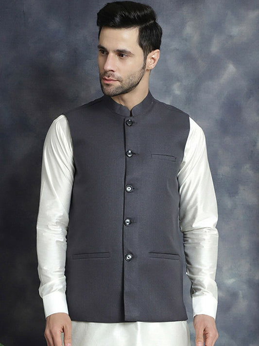 Buy Charcoal Woven Solid Nehru Jacket for Men | Mandarin Collar, Sleeveless – Indiaista