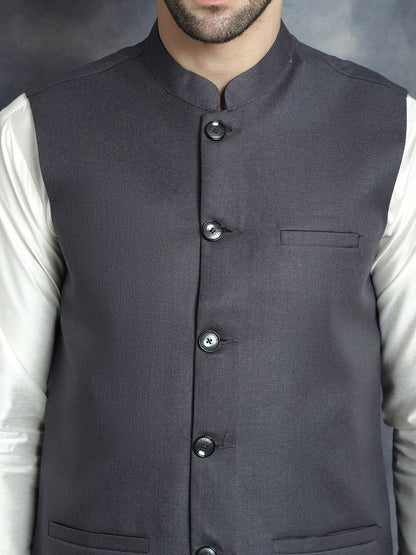 Buy Charcoal Woven Solid Nehru Jacket for Men | Mandarin Collar, Sleeveless – Indiaista