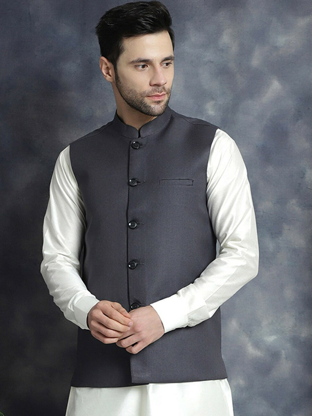 Buy Charcoal Woven Solid Nehru Jacket for Men | Mandarin Collar, Sleeveless – Indiaista