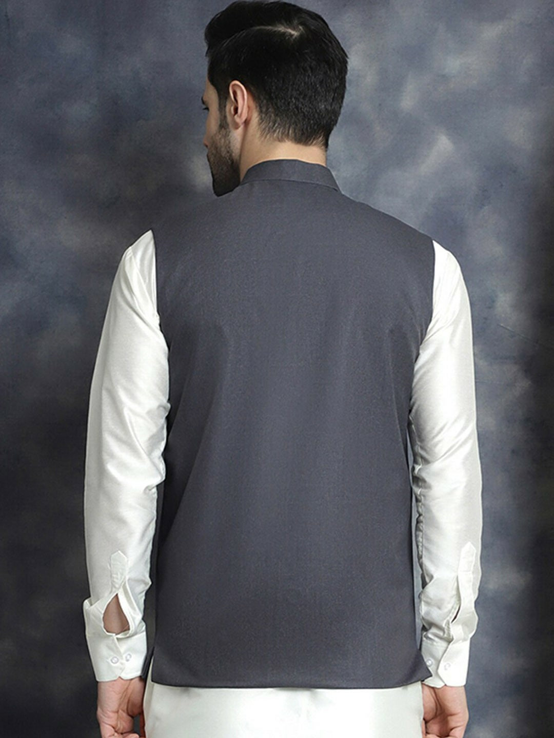 Buy Charcoal Woven Solid Nehru Jacket for Men | Mandarin Collar, Sleeveless – Indiaista