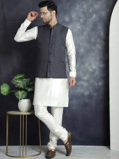 Buy Charcoal Woven Solid Nehru Jacket for Men | Mandarin Collar, Sleeveless – Indiaista