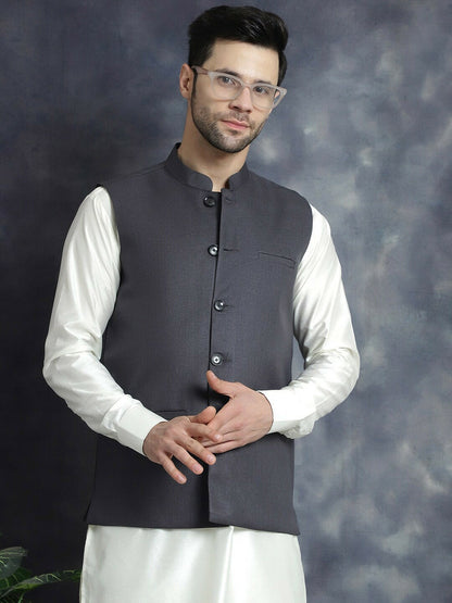 Buy Charcoal Woven Solid Nehru Jacket for Men | Mandarin Collar, Sleeveless – Indiaista