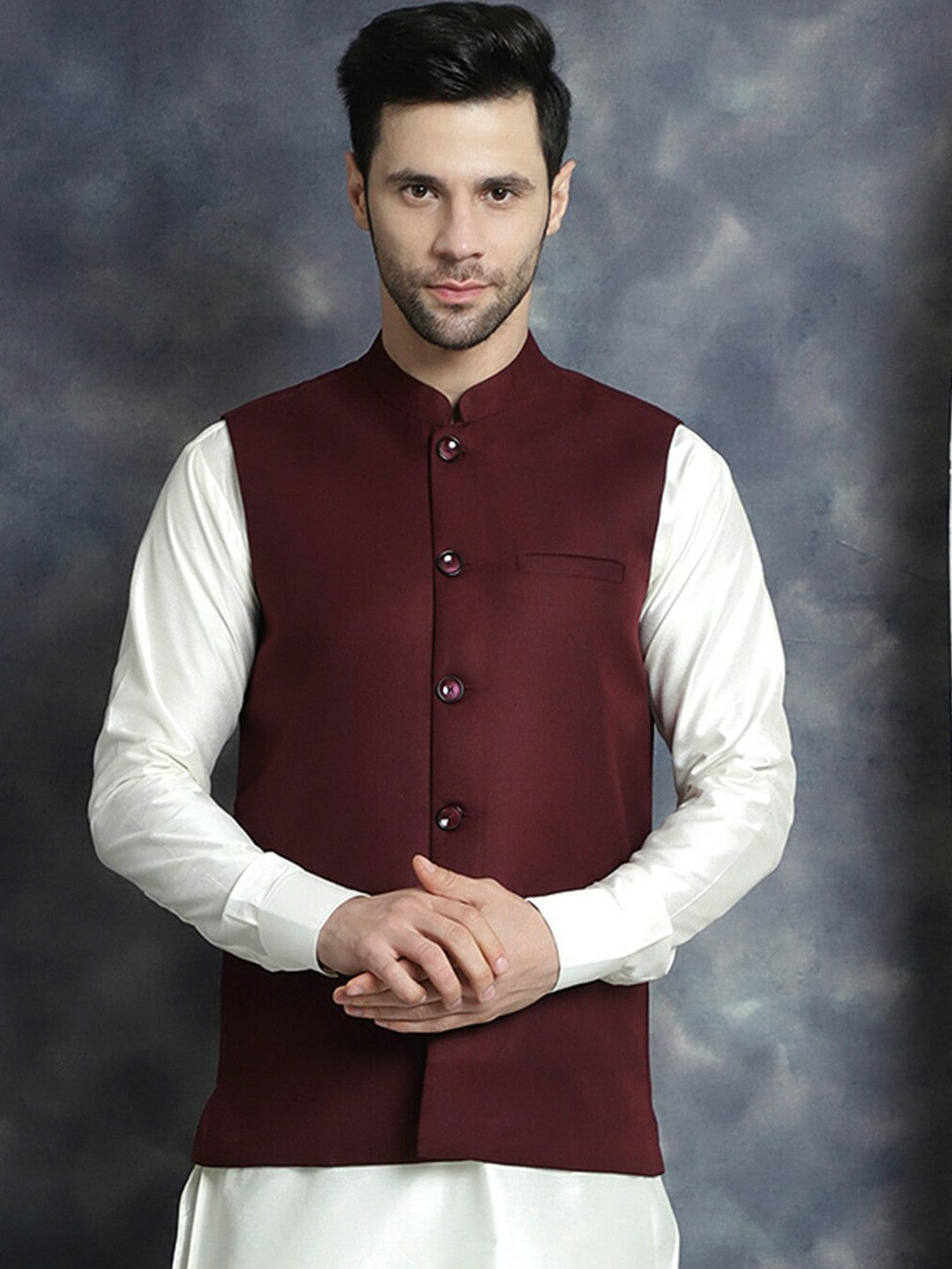 Buy Maroon Men’s Nehru Jacket – Mandarin Collar, Sleeveless & Stylish | Indiaista