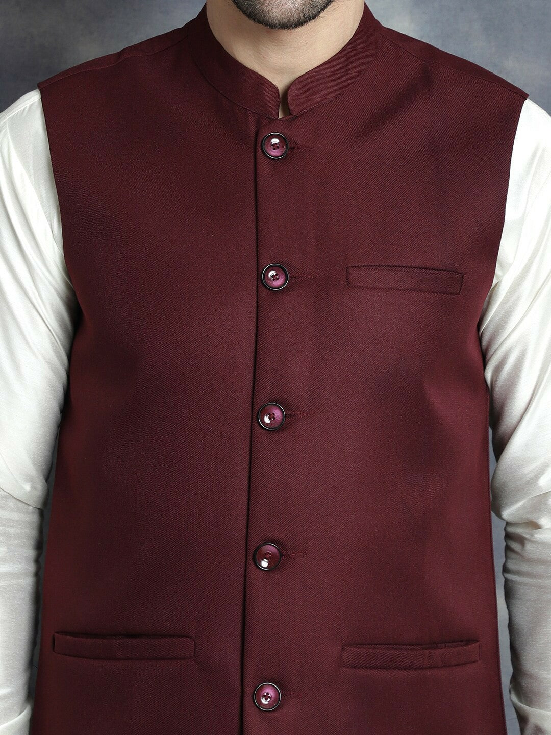 Buy Maroon Men’s Nehru Jacket – Mandarin Collar, Sleeveless & Stylish | Indiaista