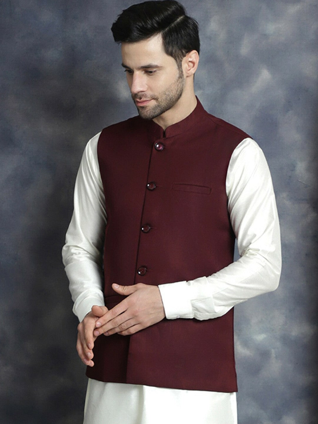 Buy Maroon Men’s Nehru Jacket – Mandarin Collar, Sleeveless & Stylish | Indiaista