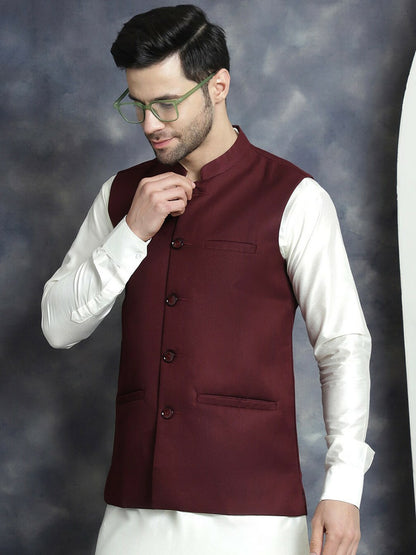 Buy Maroon Men’s Nehru Jacket – Mandarin Collar, Sleeveless & Stylish | Indiaista