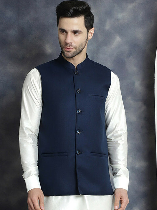 Buy Navy Blue Cotton Blend Solid Nehru Jacket for Men – Stylish Mandarin Collar | Indiaista