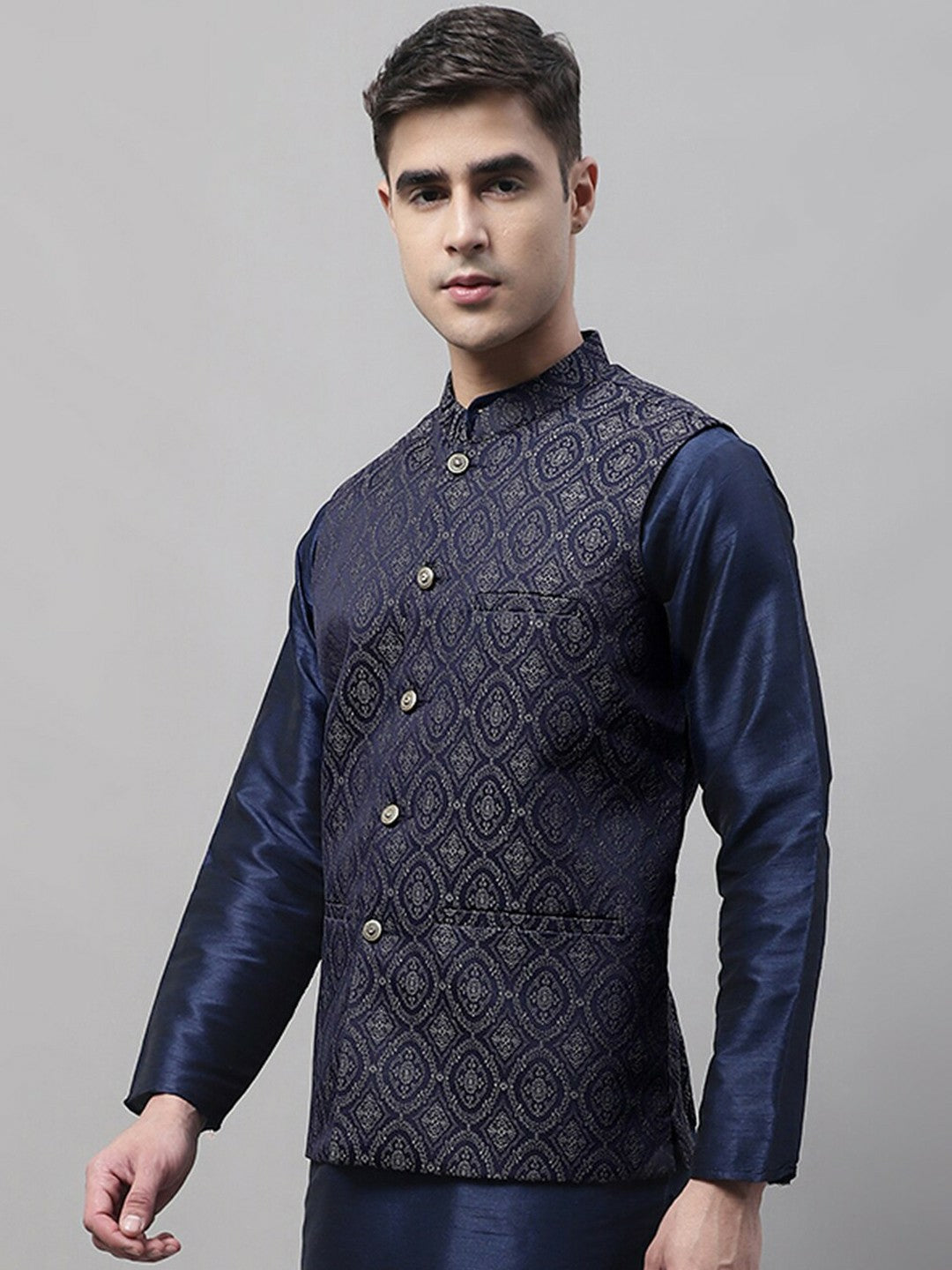 Buy Men’s Woven Design Mandarin Collar Nehru Jacket – Stylish & Comfortable | Indiaista