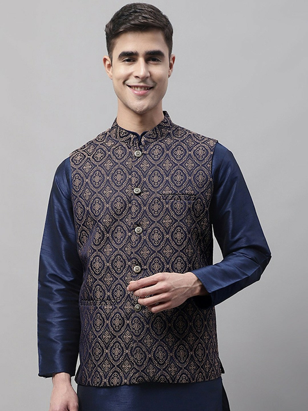 Buy Men’s Woven Design Nehru Jacket – Stylish Waistcoat with Mandarin Collar | Indiaista