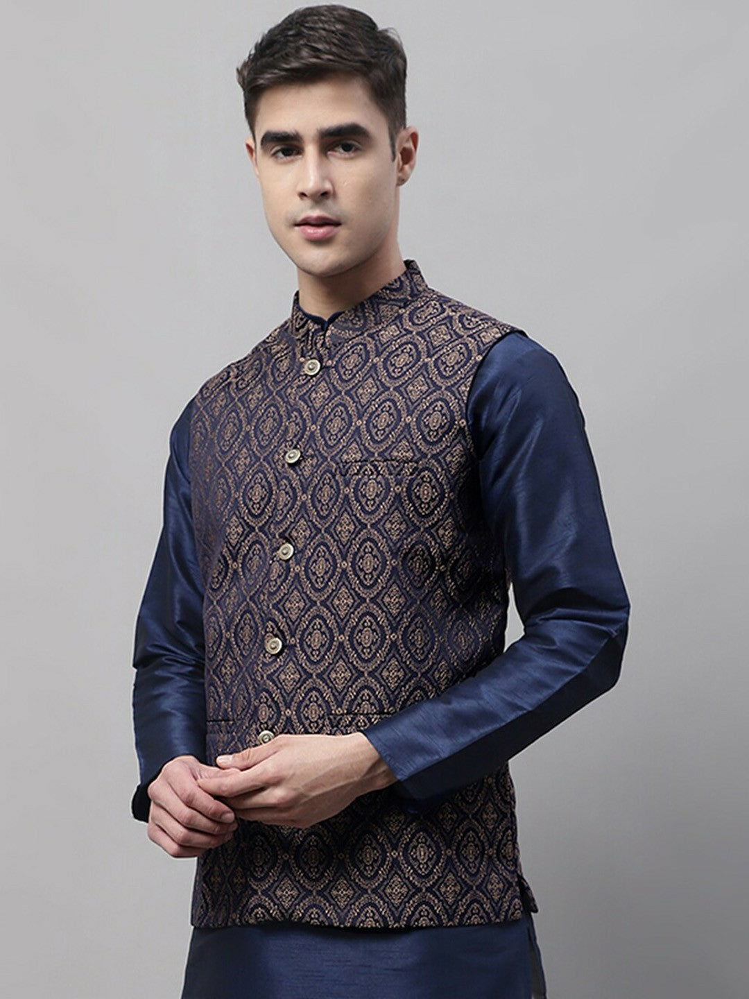 Buy Men’s Woven Design Nehru Jacket – Stylish Waistcoat with Mandarin Collar | Indiaista