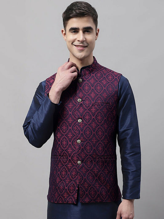 Buy Navy Blue & Maroon Woven Design Nehru Jacket for Men – Stylish Waistcoat | Indiaista