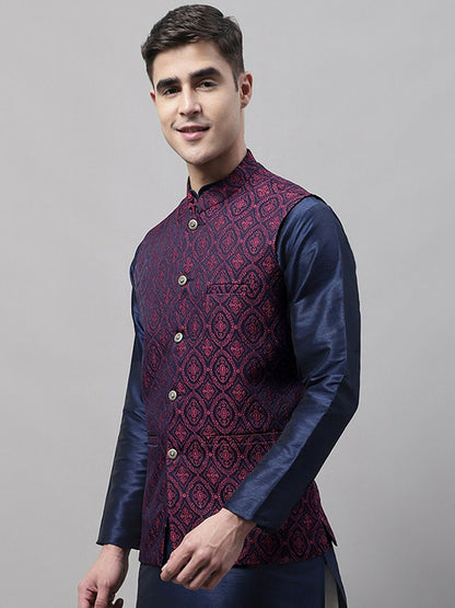 Buy Navy Blue & Maroon Woven Design Nehru Jacket for Men – Stylish Waistcoat | Indiaista