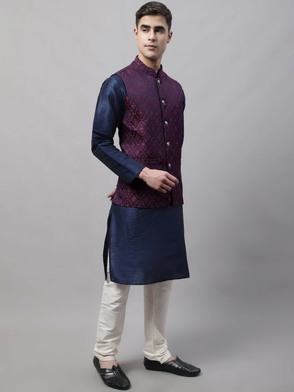 Buy Navy Blue & Maroon Woven Design Nehru Jacket for Men – Stylish Waistcoat | Indiaista