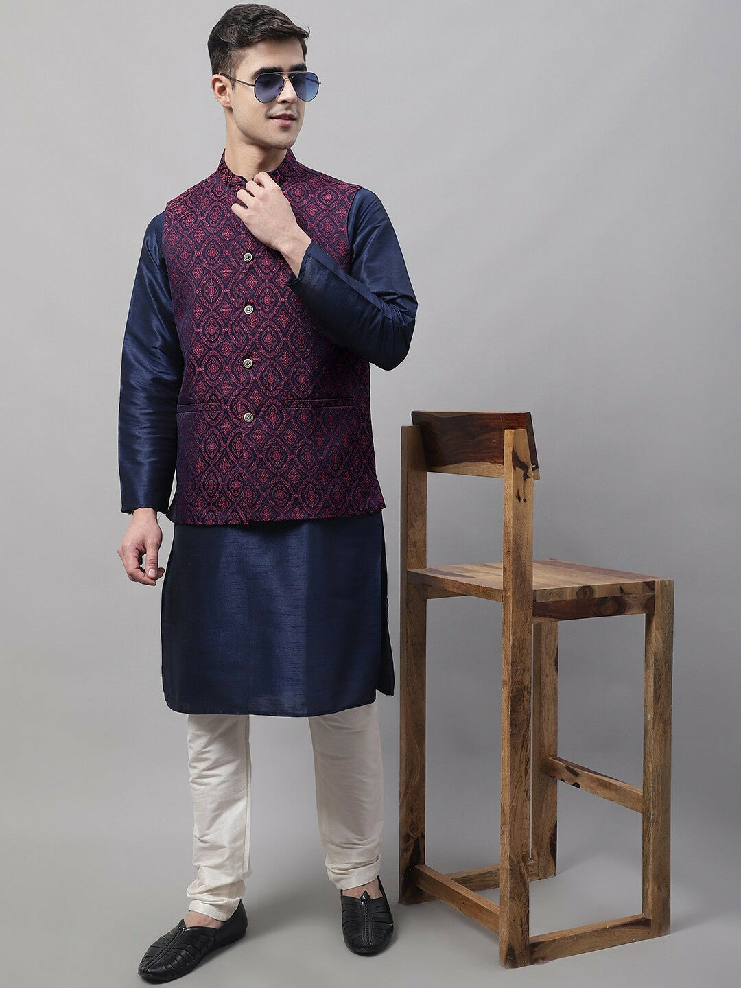 Buy Navy Blue & Maroon Woven Design Nehru Jacket for Men – Stylish Waistcoat | Indiaista