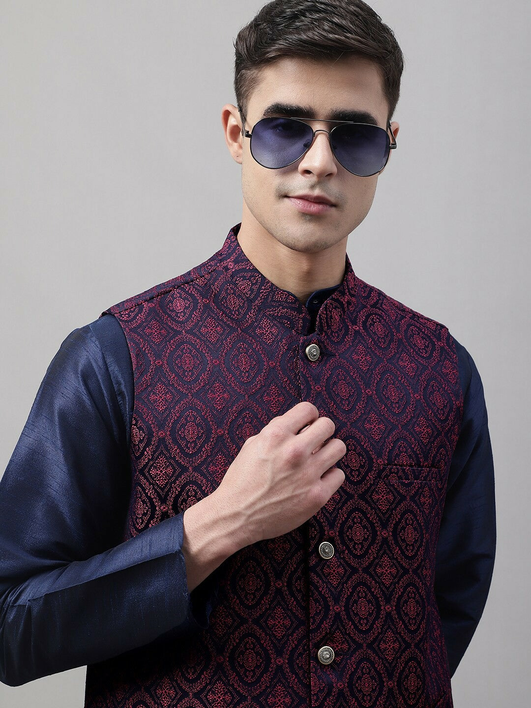 Buy Navy Blue & Maroon Woven Design Nehru Jacket for Men – Stylish Waistcoat | Indiaista