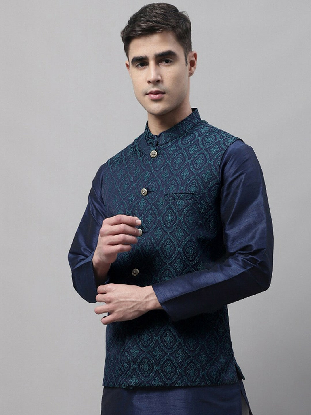 Buy Men’s Woven Design Nehru Jacket – Stylish Waistcoat with Mandarin Collar | Indiaista