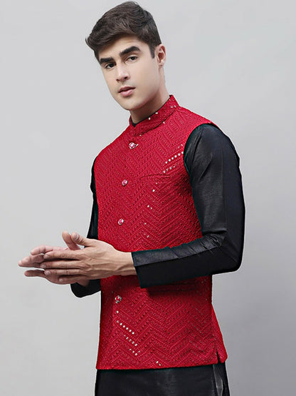 Buy Maroon Embroidered Nehru Jacket for Men | Mandarin Collar & Sequins | Indiaista