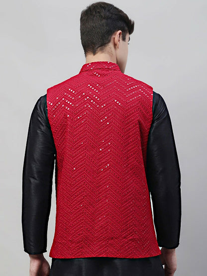 Buy Maroon Embroidered Nehru Jacket for Men | Mandarin Collar & Sequins | Indiaista