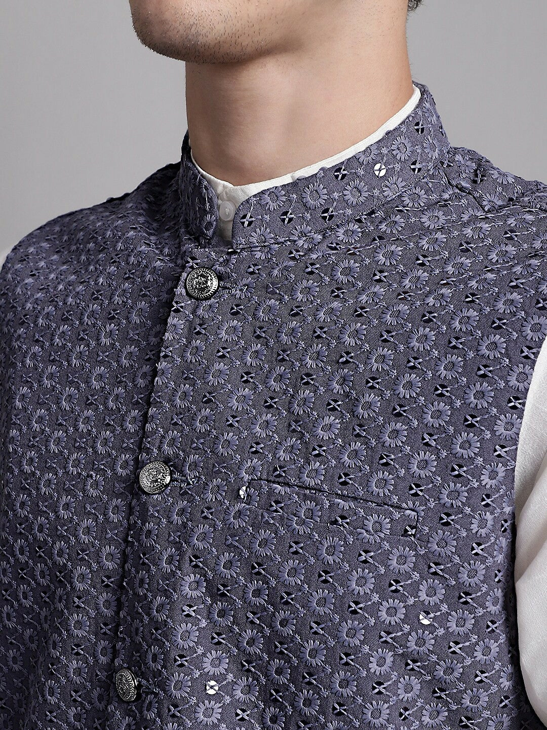 Buy Grey Floral Embroidered Nehru Jacket for Men – Stylish & Elegant | Indiaista