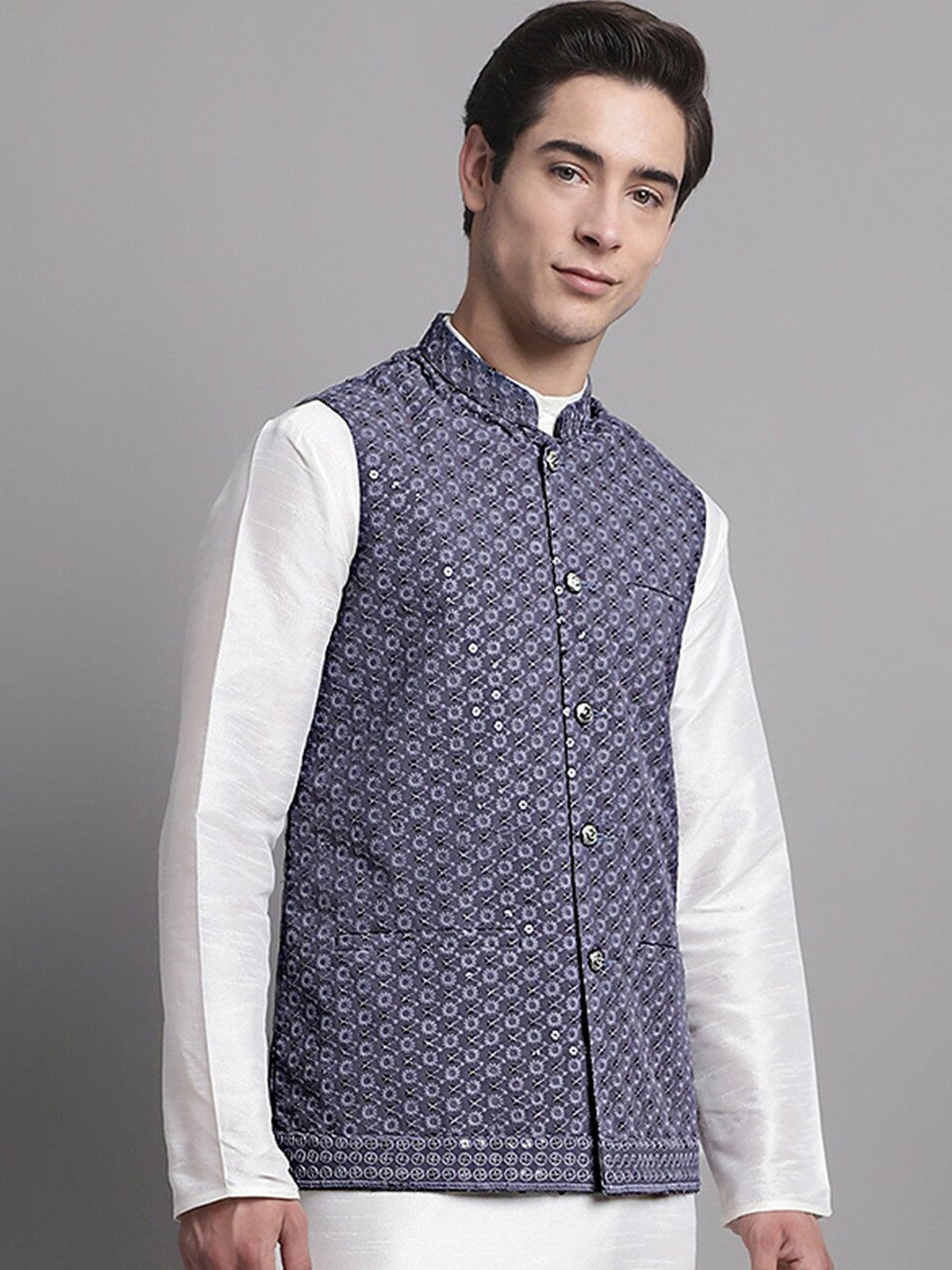 Buy Grey Floral Embroidered Nehru Jacket for Men – Stylish & Elegant | Indiaista