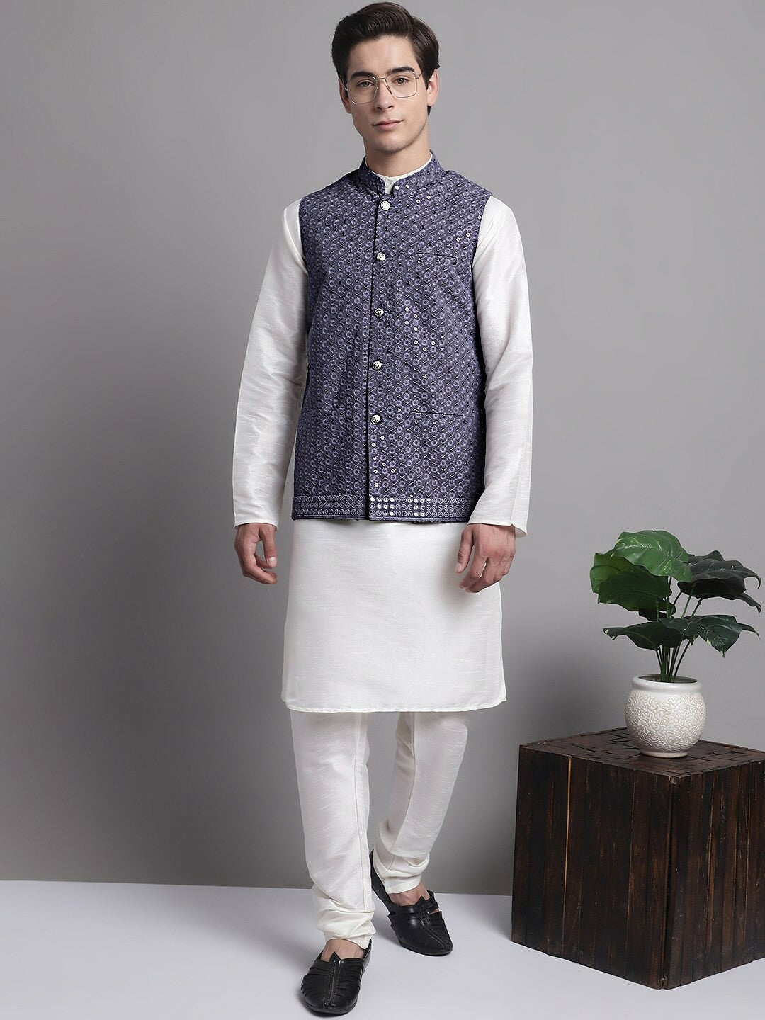 Buy Grey Floral Embroidered Nehru Jacket for Men – Stylish & Elegant | Indiaista