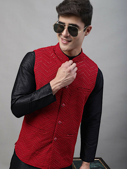 Buy Maroon Embroidered Nehru Jacket for Men | Mandarin Collar & Sequins | Indiaista