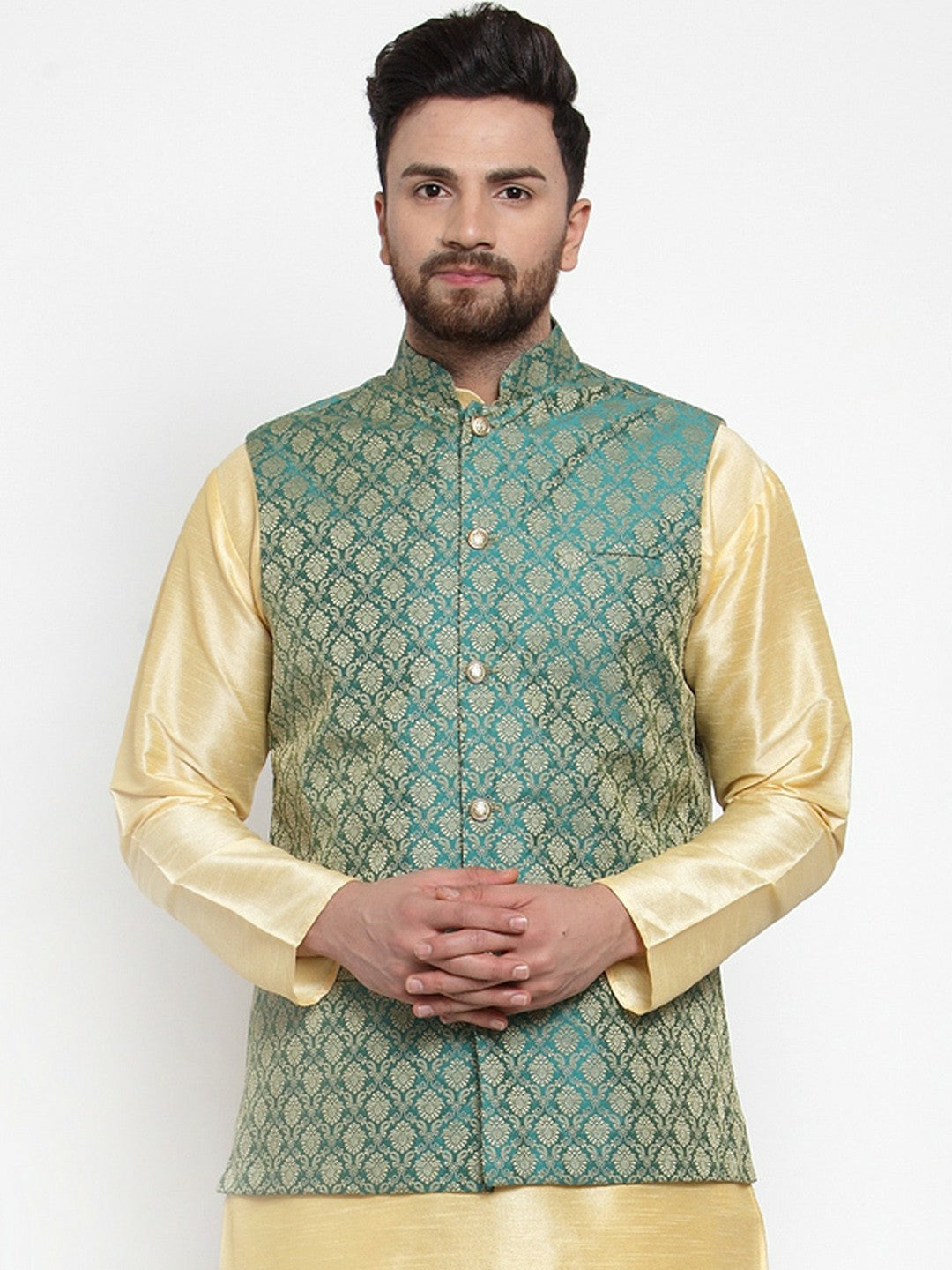 Buy Men’s Green & Gold-Toned Woven Nehru Jacket – Elegant & Stylish | Indiaista