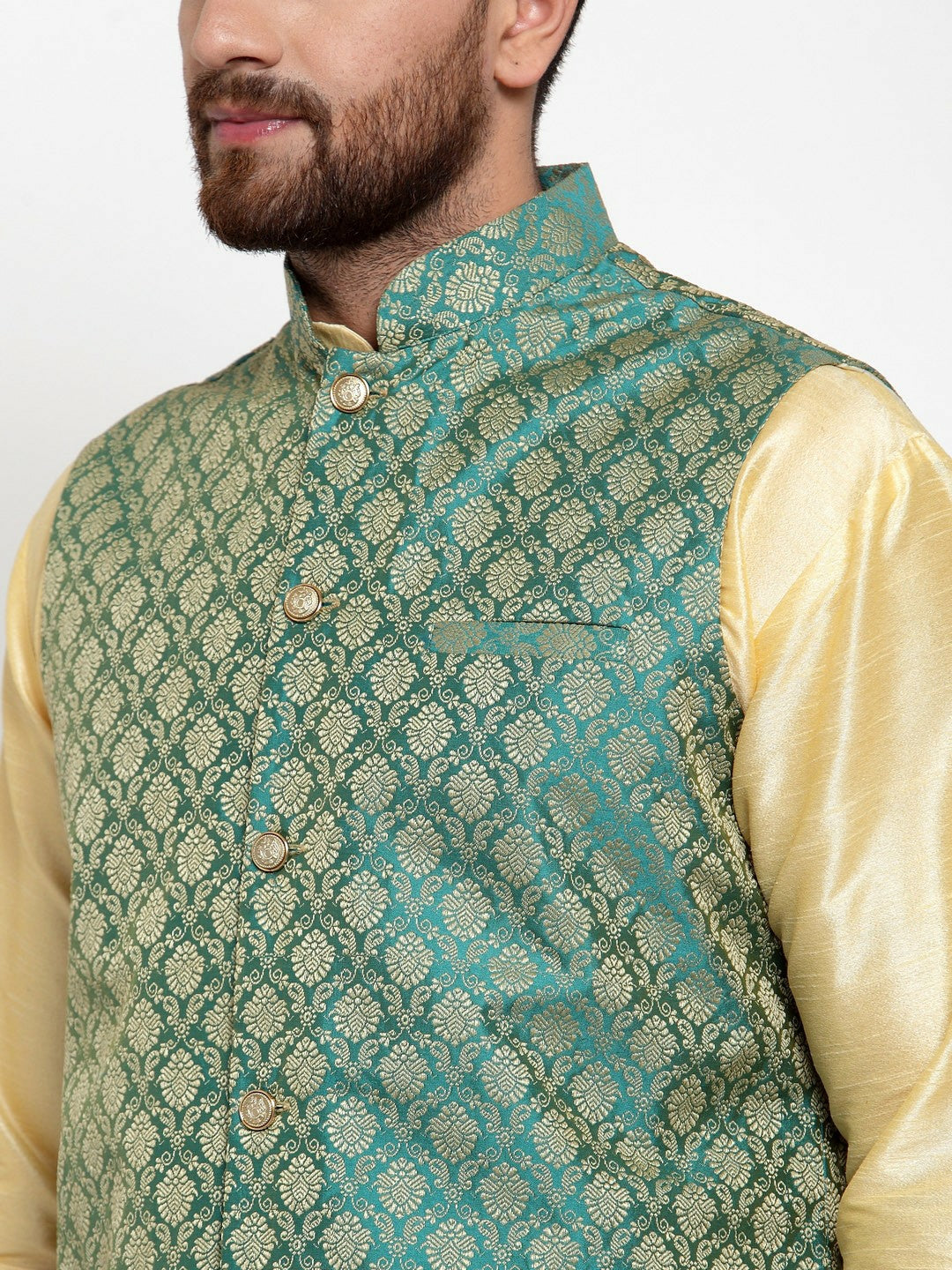 Buy Men’s Green & Gold-Toned Woven Nehru Jacket – Elegant & Stylish | Indiaista