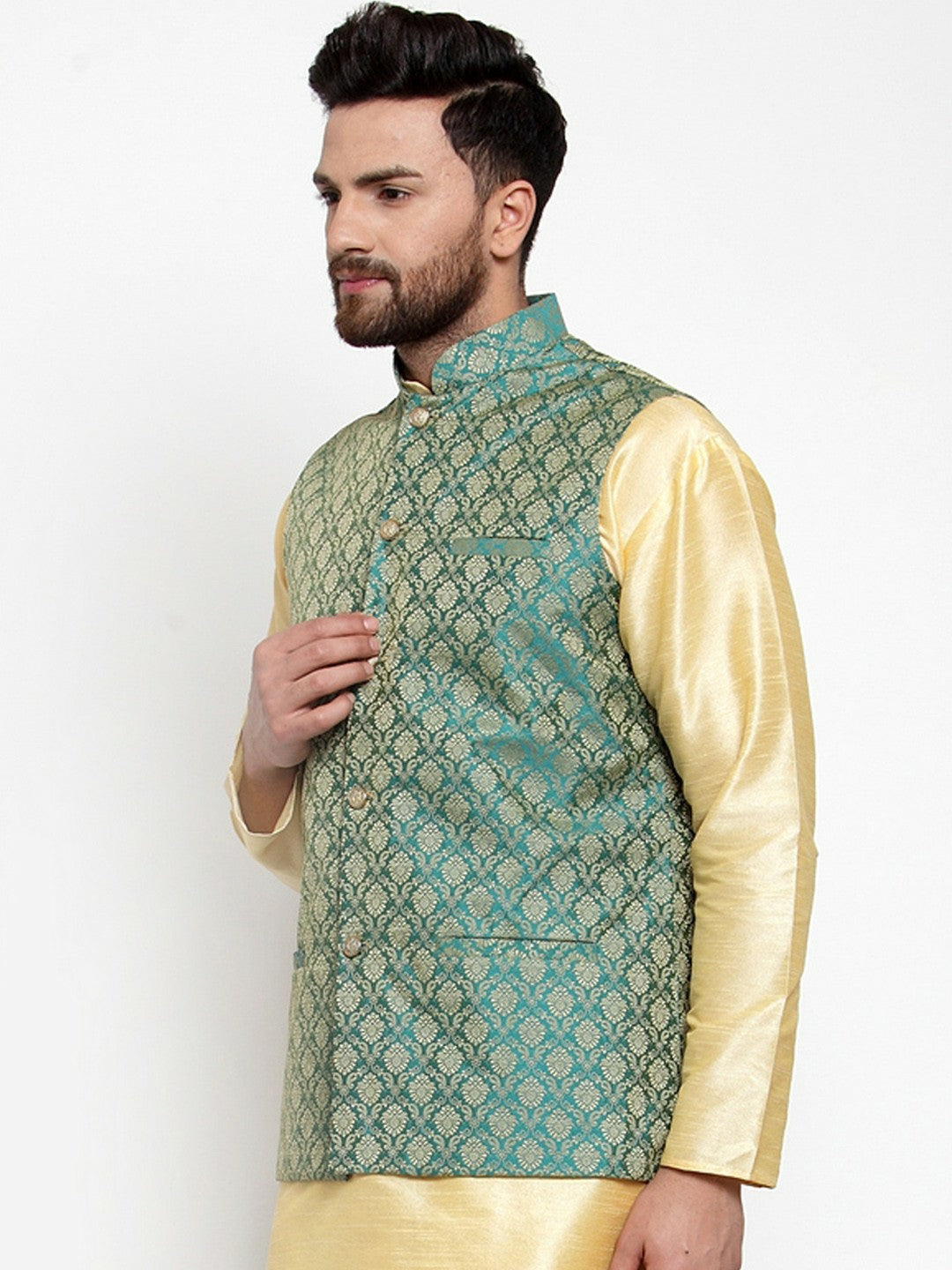 Buy Men’s Green & Gold-Toned Woven Nehru Jacket – Elegant & Stylish | Indiaista