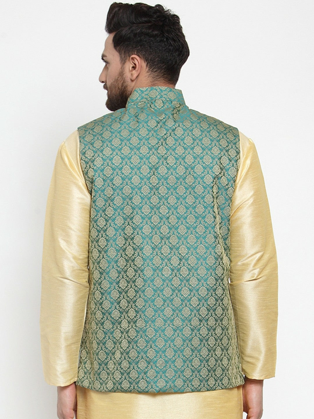 Buy Men’s Green & Gold-Toned Woven Nehru Jacket – Elegant & Stylish | Indiaista