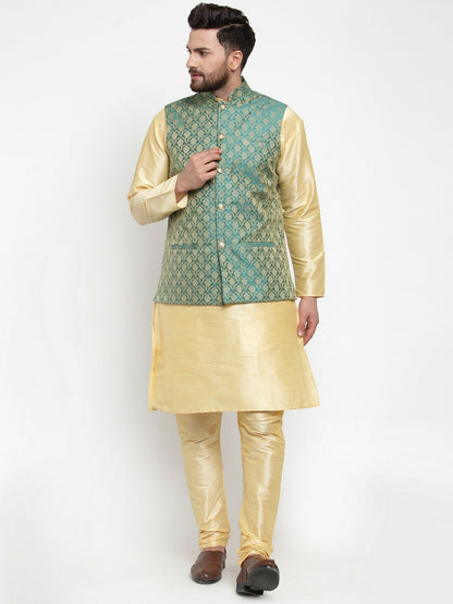 Buy Men’s Green & Gold-Toned Woven Nehru Jacket – Elegant & Stylish | Indiaista