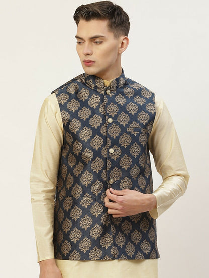 Men’s Navy Blue & Gold Printed Nehru Jacket – Elegant Festive & Wedding Wear | Indiaista