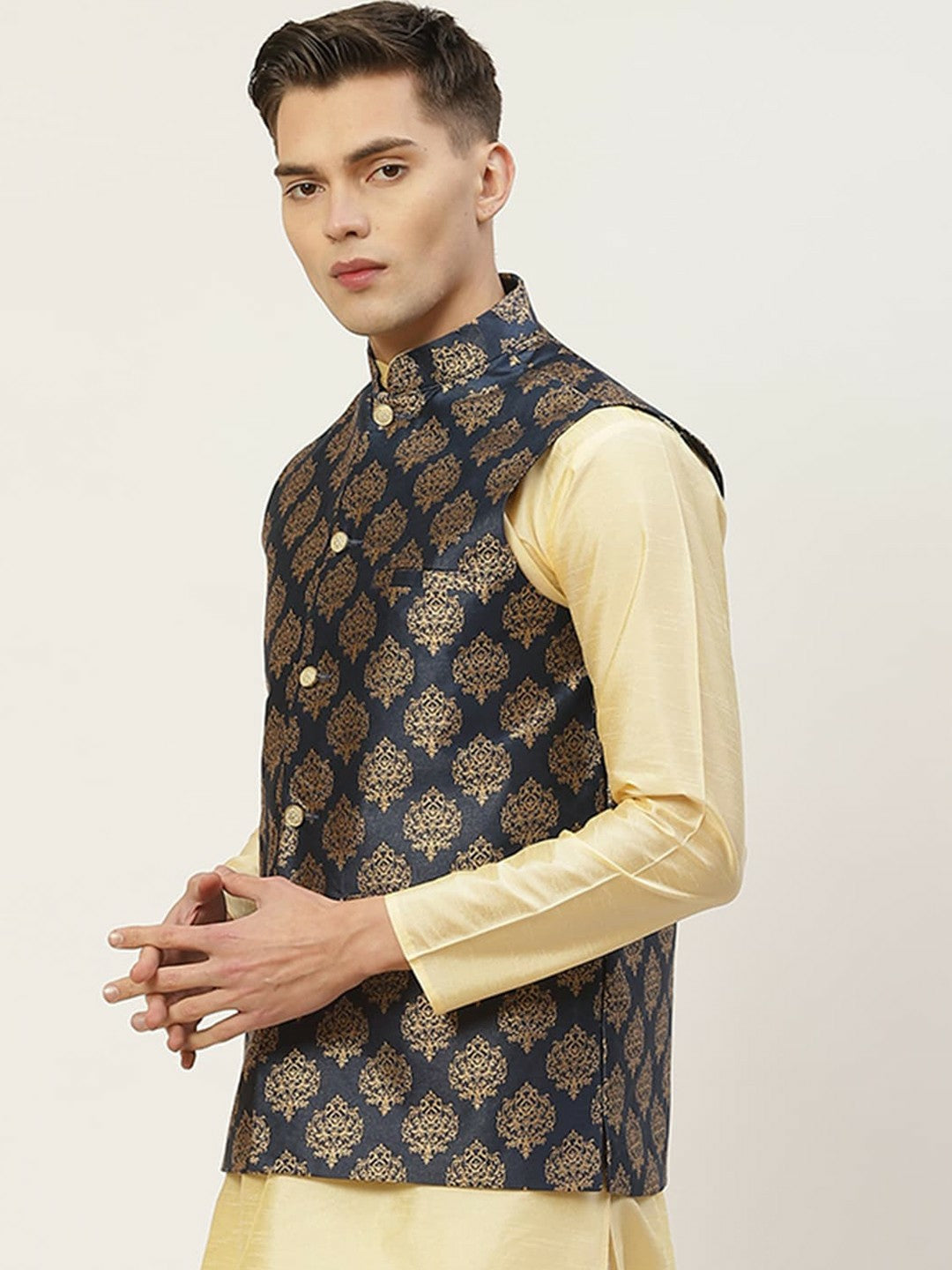 Men’s Navy Blue & Gold Printed Nehru Jacket – Elegant Festive & Wedding Wear | Indiaista