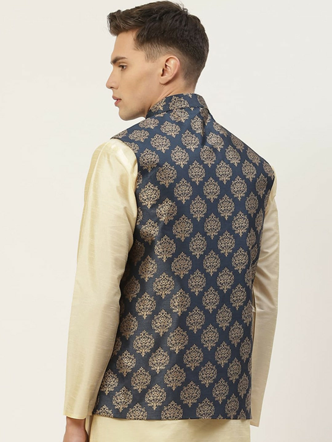 Men’s Navy Blue & Gold Printed Nehru Jacket – Elegant Festive & Wedding Wear | Indiaista